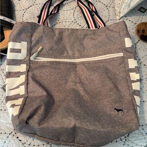 PINK Victoria's Secret Heather Gray Logo Tote with Striped Handles